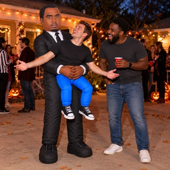 Friends laughing at the DiddyGrab costume at a Halloween party